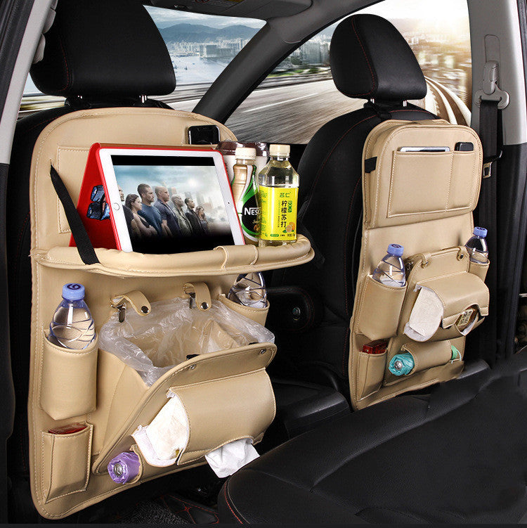 PU Leather Car Storage Bag Multifunction Seat Back Tray Hanging Bag Waterproof Car Organizer