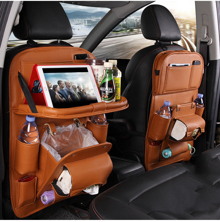 PU Leather Car Storage Bag Multifunction Seat Back Tray Hanging Bag Waterproof Car Organizer