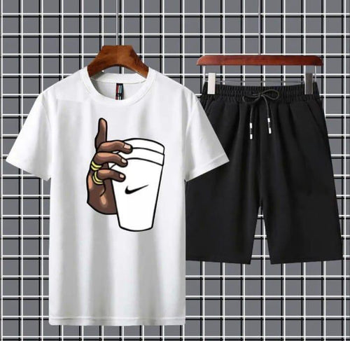 2 PCS Men's Jersey Printed T-Shirt & Shorts Tracksuit