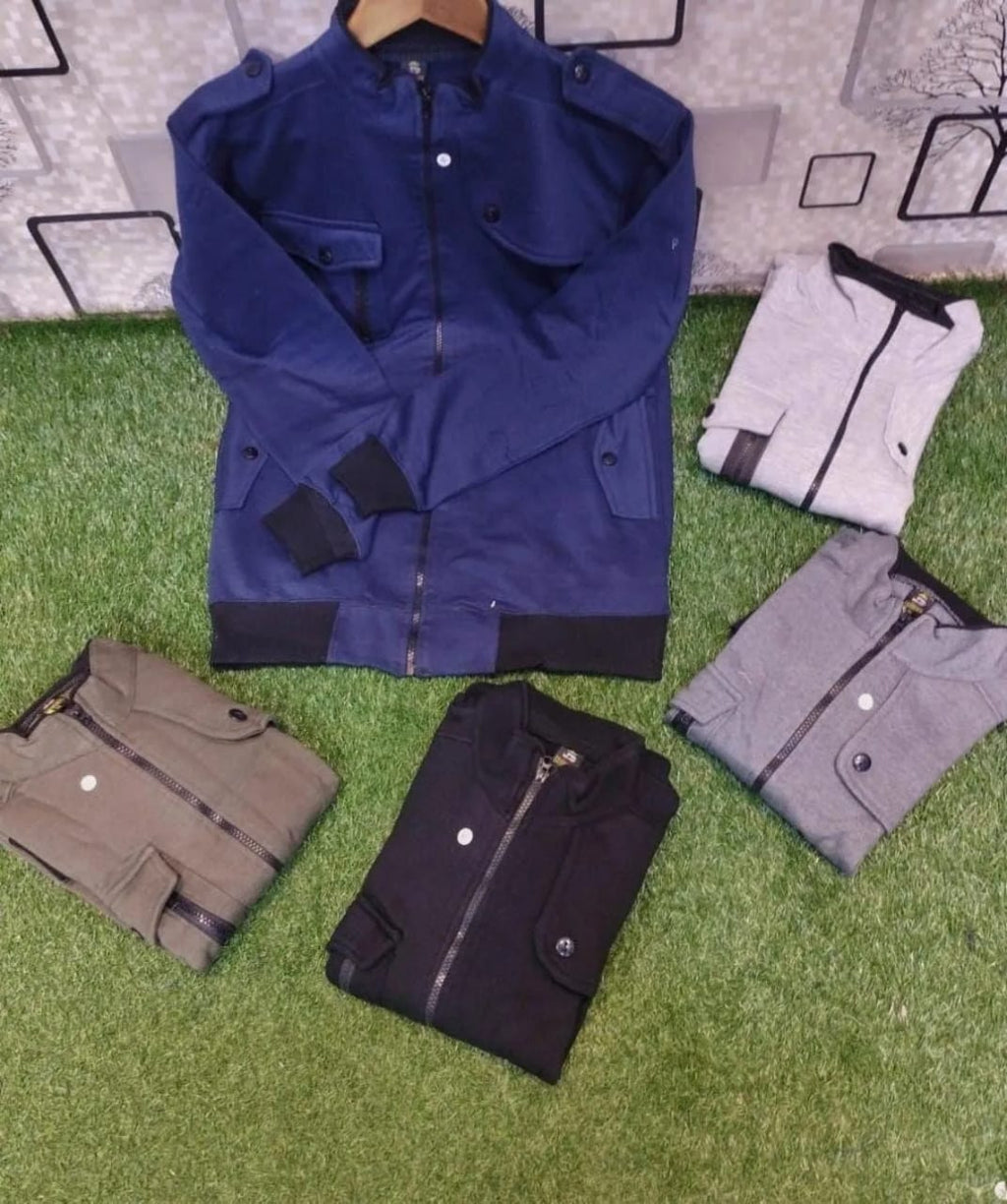 Men's Fleece Bomber Jacket - 1 Pc in Gray, Collared and Plain Style