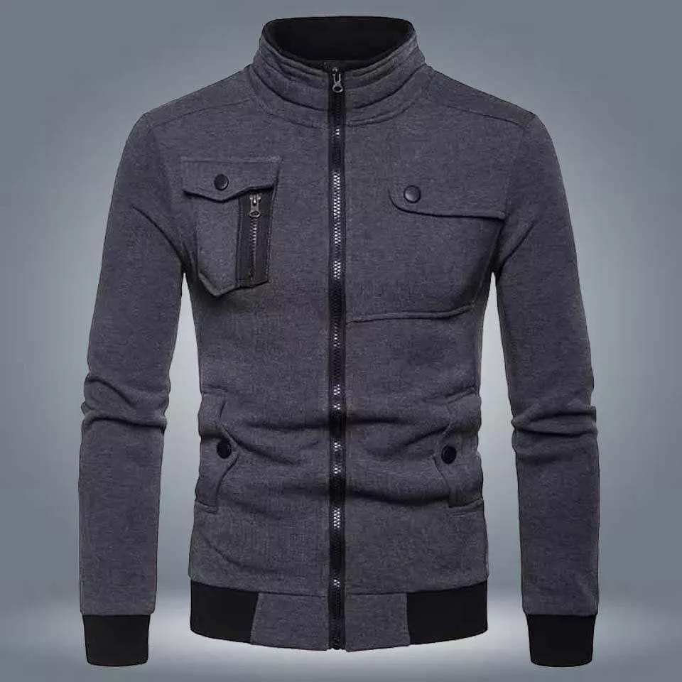 Men's Fleece Bomber Jacket - 1 Pc in Gray, Collared and Plain Style