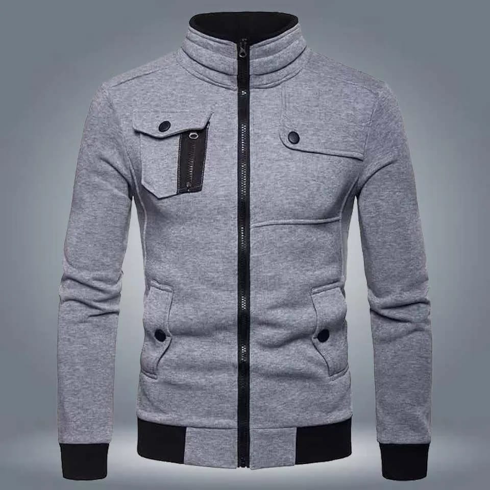 Men's Fleece Bomber Jacket - 1 Pc in Gray, Collared and Plain Style