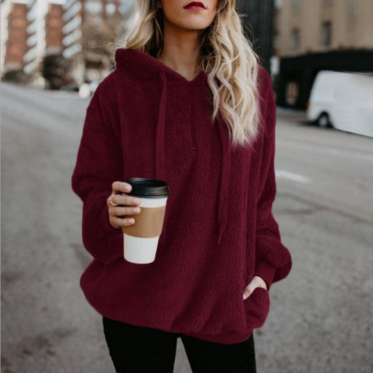 European and American Long Sleeve Hooded Solid Color Women's Sweater Jacket