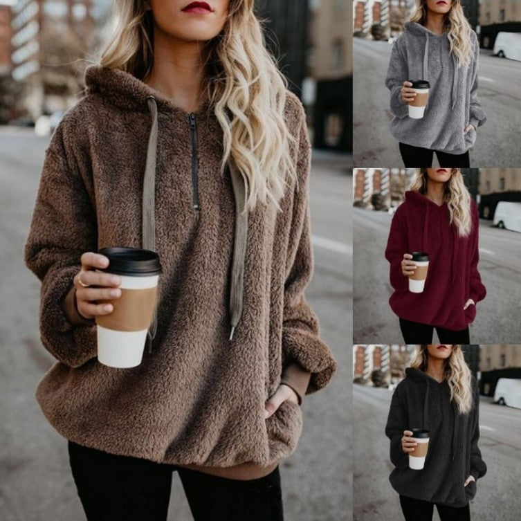 European and American Long Sleeve Hooded Solid Color Women's Sweater Jacket