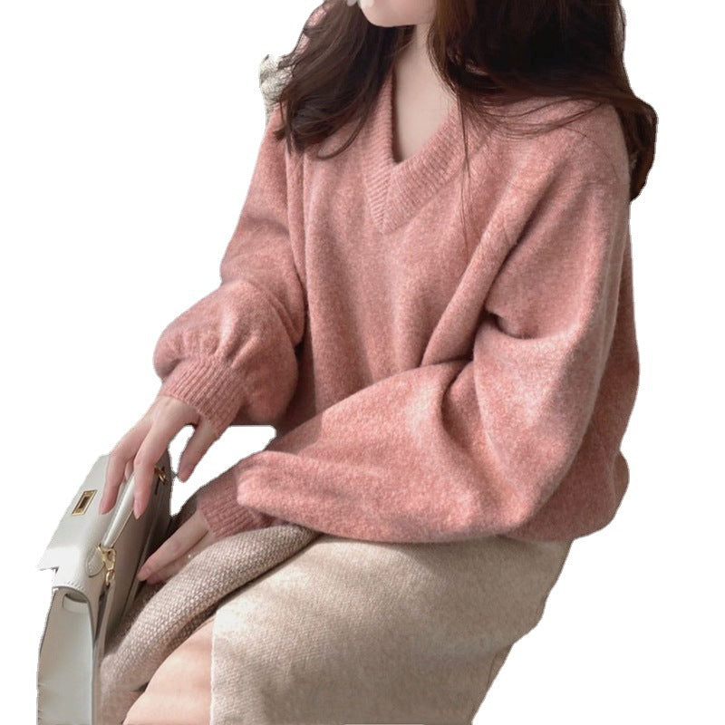 V Neck Sweater Women's Winter New Loose Lazy Style Long Sleeved Sweater for Women