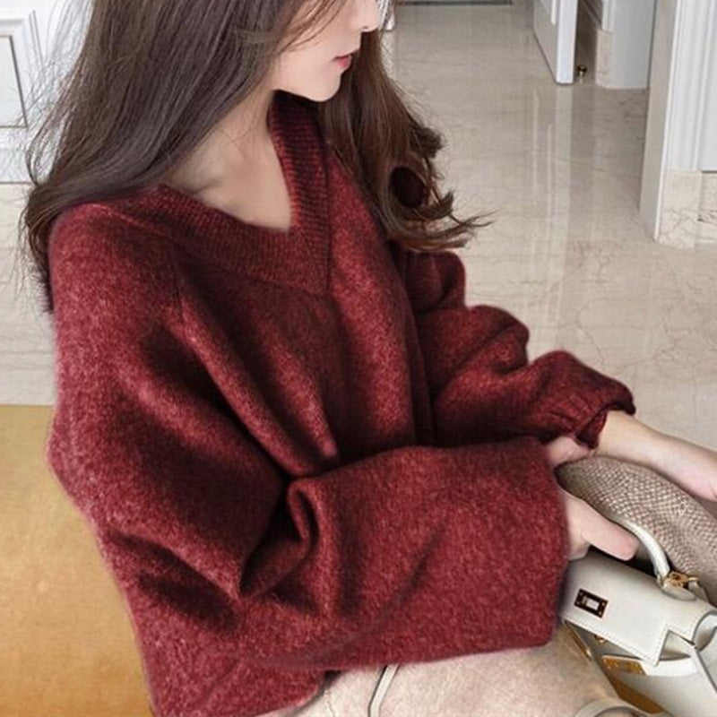 V Neck Sweater Women's Winter New Loose Lazy Style Long Sleeved Sweater for Women