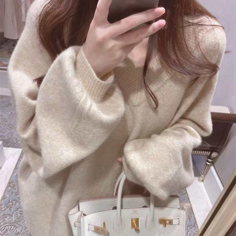V Neck Sweater Women's Winter New Loose Lazy Style Long Sleeved Sweater for Women