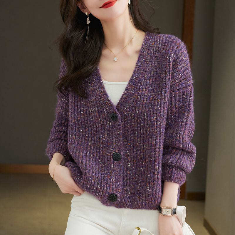 Moaning's New Autumn and Winter Colorful Spotted Yarn V Neck Knitted Jacket