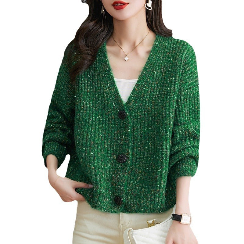 Moaning's New Autumn and Winter Colorful Spotted Yarn V Neck Knitted Jacket
