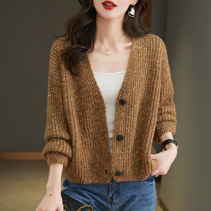 Moaning's New Autumn and Winter Colorful Spotted Yarn V Neck Knitted Jacket