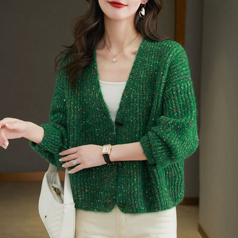 Moaning's New Autumn and Winter Colorful Spotted Yarn V Neck Knitted Jacket
