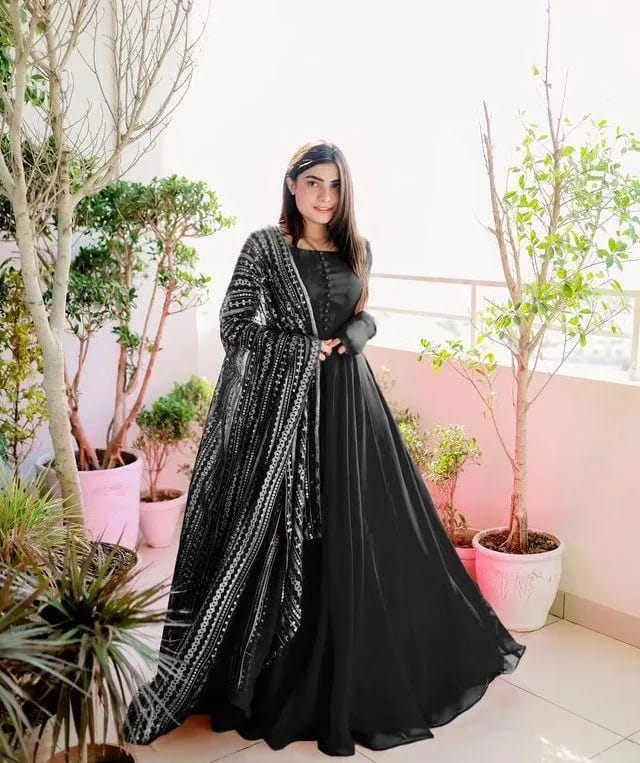 3 Pcs Women's Stitched Chiffon Plain Frock