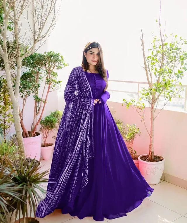 3 Pcs Women's Stitched Chiffon Plain Frock