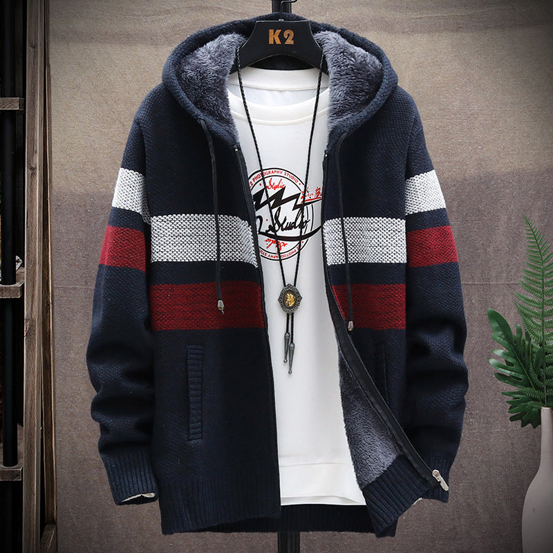 Winter new Men's Korean Style Cardigan Plus Velvet Padded Sweater Coat