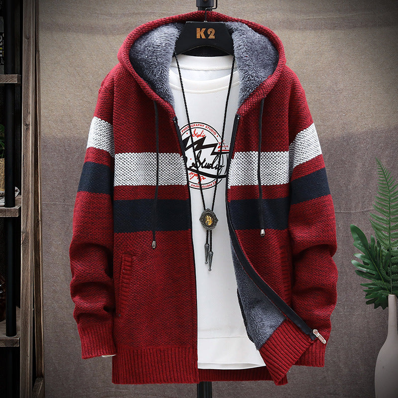 Winter new Men's Korean Style Cardigan Plus Velvet Padded Sweater Coat