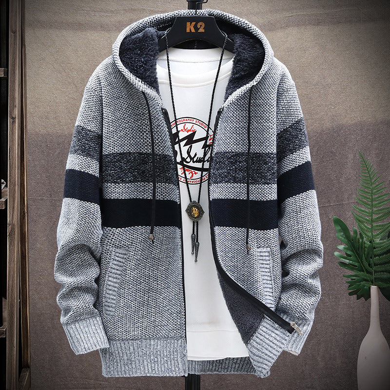 Winter new Men's Korean Style Cardigan Plus Velvet Padded Sweater Coat