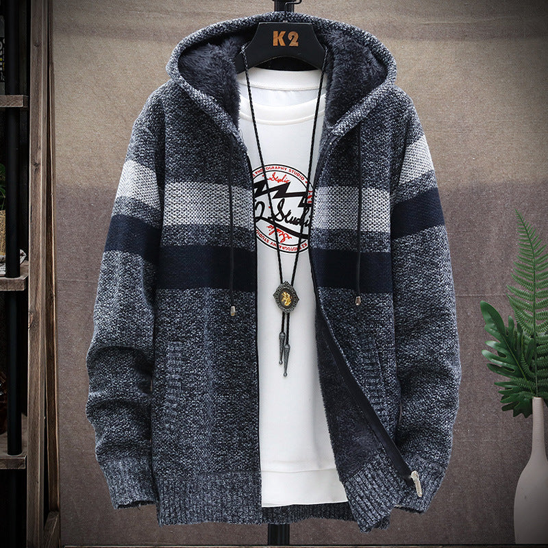 Winter new Men's Korean Style Cardigan Plus Velvet Padded Sweater Coat