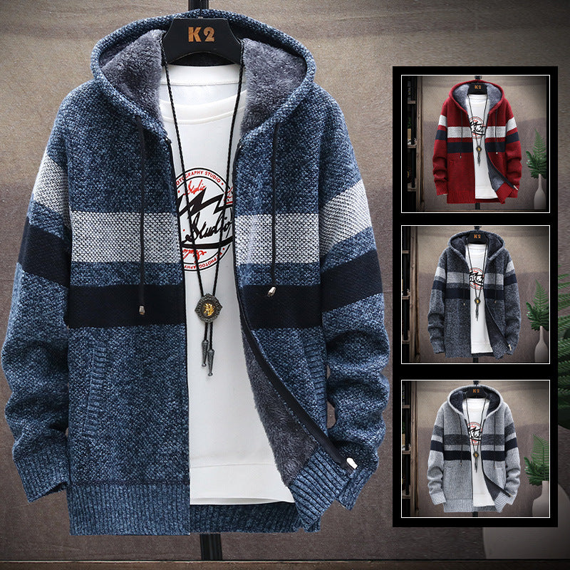 Winter new Men's Korean Style Cardigan Plus Velvet Padded Sweater Coat