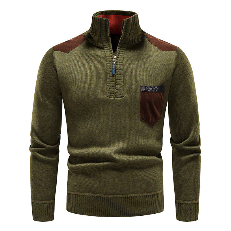 Winter Fleece Lined Thickened Pullover Men's Semi-High Collar Sweater