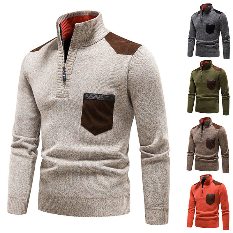 Winter Fleece Lined Thickened Pullover Men's Semi-High Collar Sweater