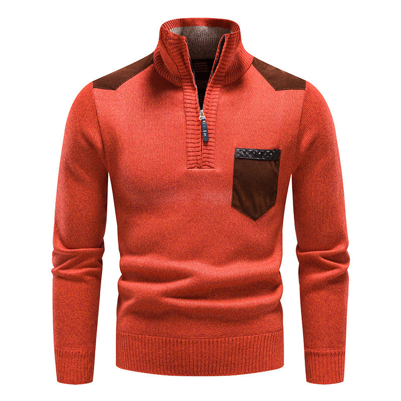 Winter Fleece Lined Thickened Pullover Men's Semi-High Collar Sweater