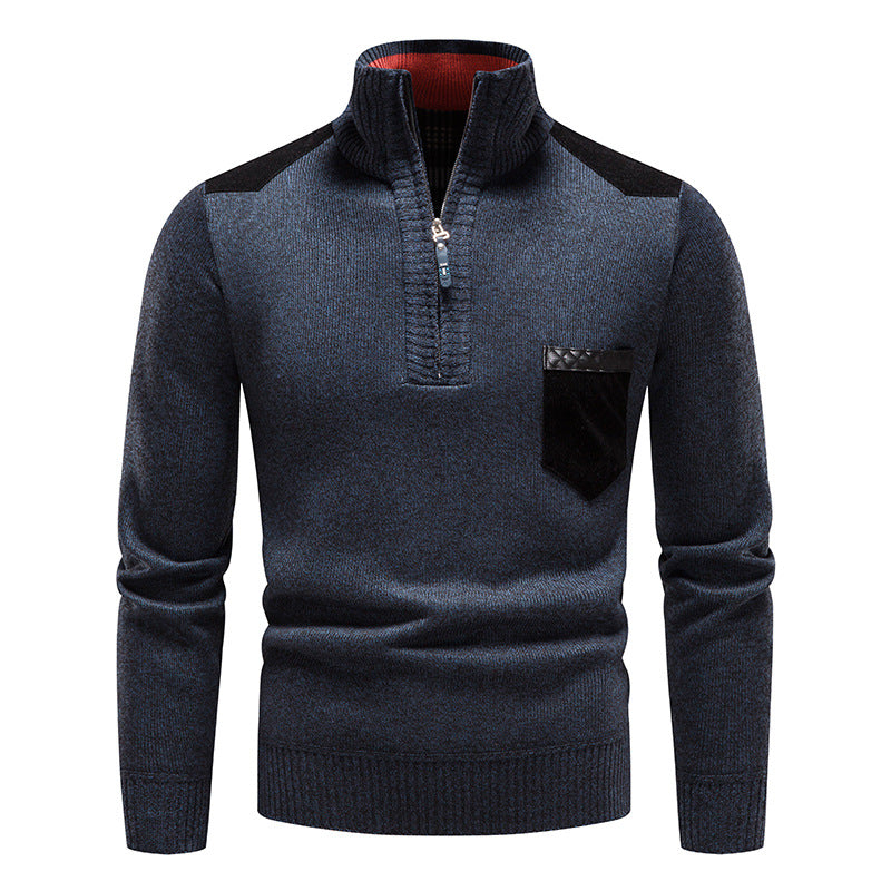 Winter Fleece Lined Thickened Pullover Men's Semi-High Collar Sweater