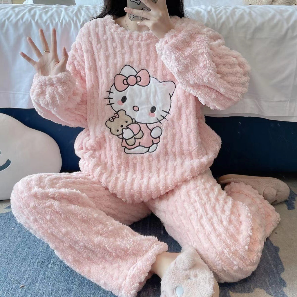 Hello Kitty Bear Coral Fleece Pajamas Winter Flannel Thickened Clothes