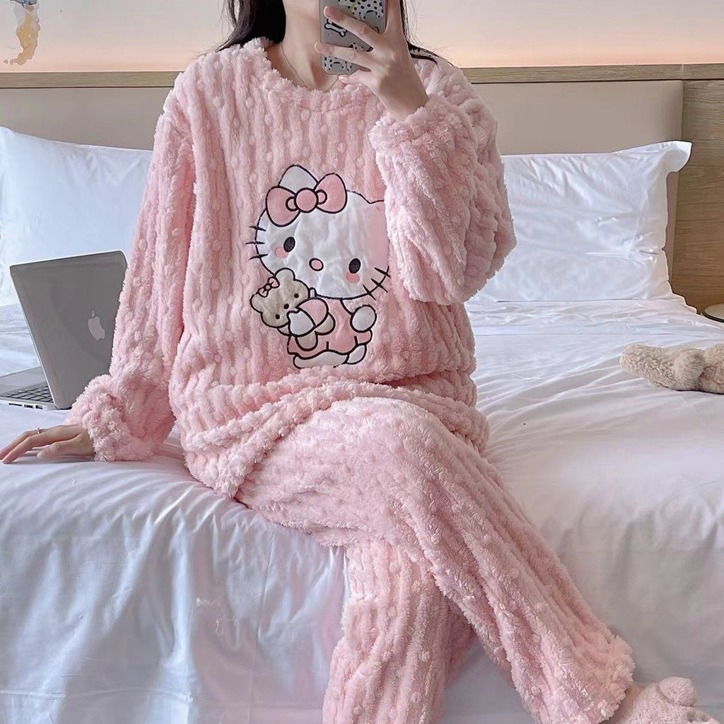 Hello Kitty Bear Coral Fleece Pajamas Winter Flannel Thickened Clothes