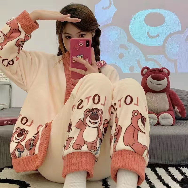 Kulomi Pajamas Women's Winter Coral Fleece Thickened Cartoon Cute Flannel Outfit